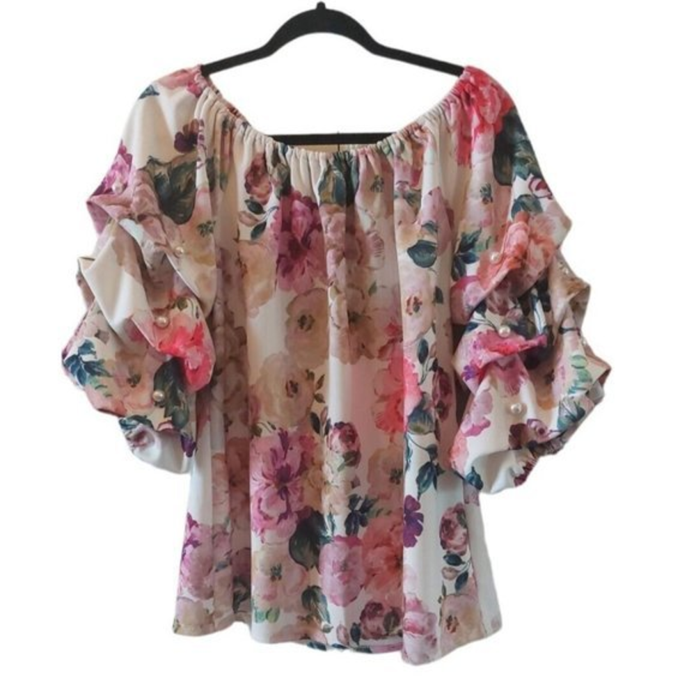 S Levine Women's Blouse Pearl Puff Sleeve Floral Cream Coral Size L